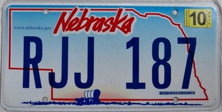 Nebraska license plate with state map