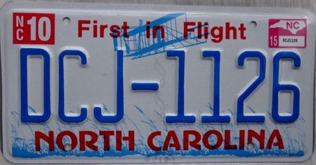 North Carolina license plate with First in flight design