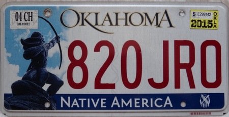 Oklahoma license plate with Indianan
